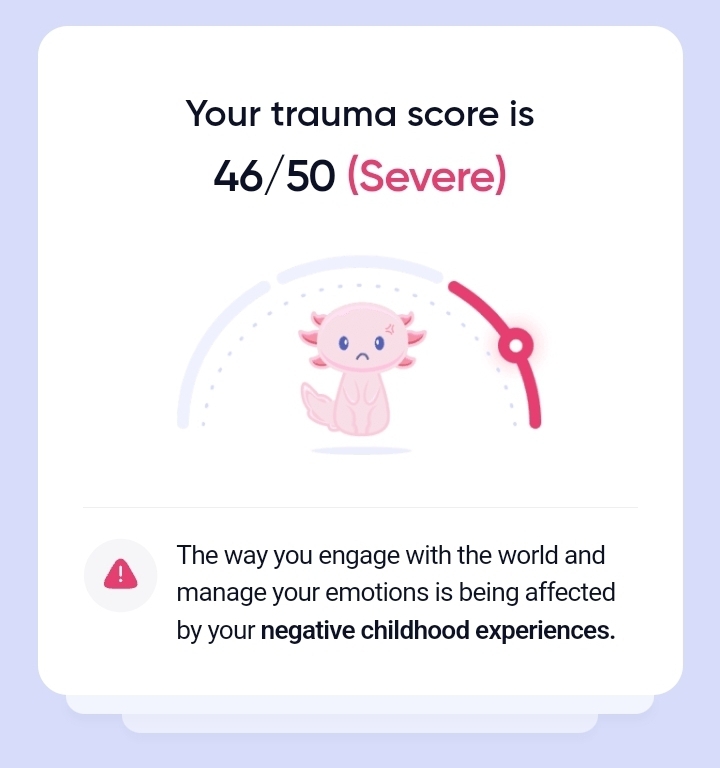Your trauma score is? Result: 46/50 (Severe). The way you engage with the world and manage your emotions is being affected by your negative childhood experiences.
